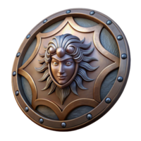 intense mesmerizing Ultra-detailed, concept art style, isolated cutout of a single, weathered Aegis shield, Medusa head centerpiece with Transparent Background refined png