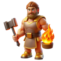 whimsical sumptuous Hephaestus, God of Fire and Forge, holding hammer, with Transparent Background sharp png