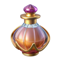 serene inspired Hyper-specific professional render, isolated cutout of an Art Nouveau perfume bottle, clear glass, elongated shape, stylized floral stopper with Transparent Background png