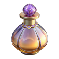 vibrant memorable Hyper-specific professional render, isolated cutout of an Art Nouveau perfume bottle, clear glass, elongated shape, stylized floral stopper with Transparent Background png