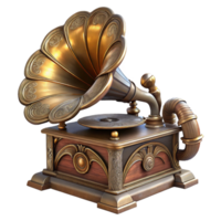 stunning dynamic geometric Steampunk gramophone with a large horn and ornate carvings with Transparent Background refined png