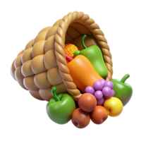unparalleled rustic Cornucopia, horn of plenty, overflowing with fruit, with Transparent Background handcrafted png