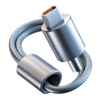 quintessential tropical Hyper-specific, professional render of a sleek, silver USB-C charging cable, coiled with Transparent Background museum quality png