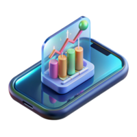 magnificent futuristic Concept art style, isolated cutout of a levitating, transparent holographic smartphone displaying a stock market graph with Transparent Background museum quality png