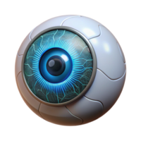 pristine memorable Photorealistic, isolated cutout, hyper-specific concept art of a single cybernetic eye with intricate wiring and glowing iris with Transparent Background png