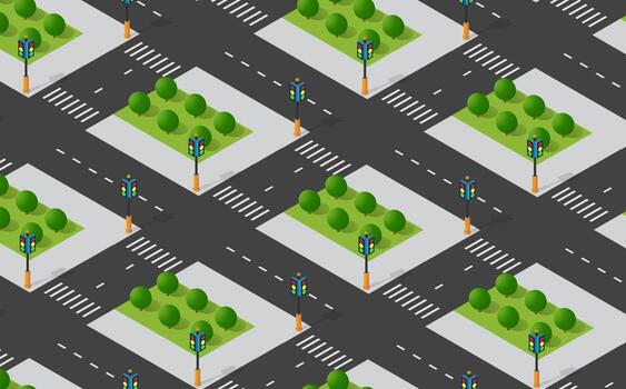 An isometric pattern with trees and traffic lights vector