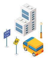 Isometric school bus and school building with school sign and traffic sign vector