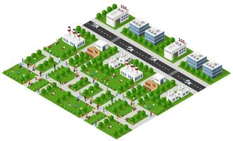 Modern isometric city with factories and people relaxing in park vector