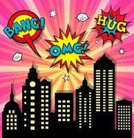 Comic book style city with buildings and speech bubbles vector