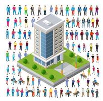 Isometric illustration of people standing in front of a building vector