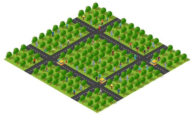 Isometric city with trees and road