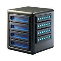 splendid timeless Hyper-specific, professional render of a high-tech, black server rack with blinking LED lights with Transparent Background png