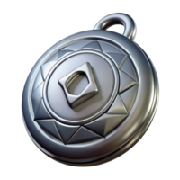 pristine artistic Hyper-specific, professional render of a single, tarnished, silver amulet with a mystical symbol with Transparent Background luxury png