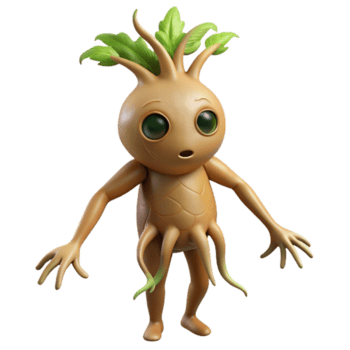 pristine dreamy modern Hyper-specific, professional render of a single, withered mandrake root, humanoid form with Transparent Background impeccable png