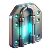 pristine inspired Concept art style, isolated cutout of a futuristic, chrome-plated, bioluminescent door hinge with Transparent Background png