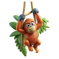 striking urban Hyper-specific concept art style, isolated cutout professional render of a single orangutan hanging from a single thick vine with Transparent Background impeccable png