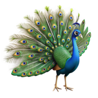 unparalleled creative Isolated cutout, ultra-detailed, photorealistic professional render of a single peacock with tail feathers fully displayed with Transparent Background studio quality png