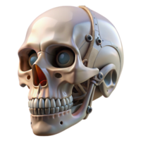 striking memorable Photorealistic professional render of a hyper-specific biomechanical skull with exposed jaw mechanisms and fiber optic nerves Isolated cutout with Transparent Background png