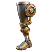 reflective exquisite Steampunk prosthetic leg with visible gears and pistons with Transparent Background studio quality png
