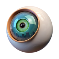 passionate alluring Concept art style, isolated cutout of a single, giant, hyperrealistic eyeball, with a miniature city reflected in its pupil with Transparent Background gallery standard png