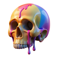 sought-after creative Photorealistic, hyper-specific, isolated cutout of a single, melting, wax anatomical human skull, dripping with vibrant rainbow colors with Transparent Background sharp png