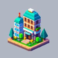 An isometric pixel art building with trees and trees vector