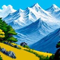 A painting of a mountain range with a house in the foreground vector