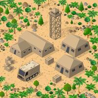 Isometric illustration of military camp, desert, and trees vector