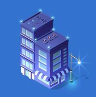 Isometric building with street lamp and lights vector