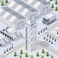An illustration of a military base with tanks and soldiers vector