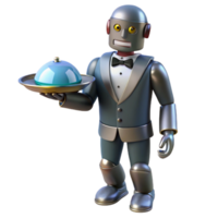 pristine coastal Concept art style, isolated cutout of a retro-futuristic robot butler with articulated limbs and a serving tray with Transparent Background authentic png
