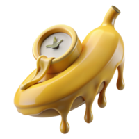radiant distinctive Photorealistic, hyper-specific, isolated cutout of a melting clock draped over a single, ripe banana with Transparent Background png