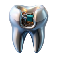 magnificent exemplary Professional render of a biomechanical tooth, metallic enamel, exposed root system, internal circuitry, isolated cutout with Transparent Background png