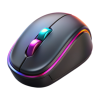 unparalleled art deco Photorealistic, ultra-detailed, isolated cutout of a single matte black gaming mouse with RGB lighting, hyper-specific scroll wheel texture with Transparent Background genuine png