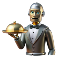 unparalleled retro Professional render, photorealistic, isolated cutout A silver and gold Art Deco robot butler holding a serving tray with Transparent Background high quality png