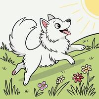 Happy White Dog Running in Sunny Field vector