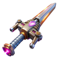 dramatic artistic A futuristic weapon, resembling a cross between a sword and a laser gun, held aloft by a robotic arm, illuminated by dramatic, Rembrandt lighting. Fantasy art style premium png
