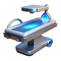 dramatic vintage A futuristic medical device, emitting a pulsating blue light, hovering over a patient on a metallic operating table. Cool lighting, realistic style high quality png