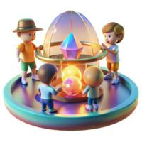 stunning classic A group of children, playing with holographic toys in a futuristic playground, illuminated by the warm, inviting light of the setting sun. Impressionist style authentic png