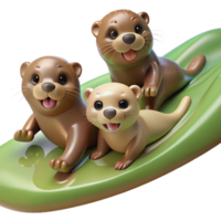 serene rustic A Family of Playful Otters Sliding Down a detailed png