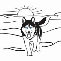 Siberian Husky at Sunset, Line Art vector