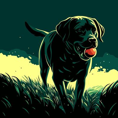 Black Lab Dog with Ball in Grass
