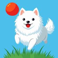 White Fluffy Dog Jumping with Ball vector