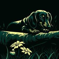 Dachshund Dog Resting on Log at Night vector