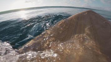 Surfer first person view rowing on surfboard in ocean with waves. video