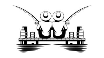 Two Friends Fishing from a Dock. Black and White Illustrationtor Designs. vector