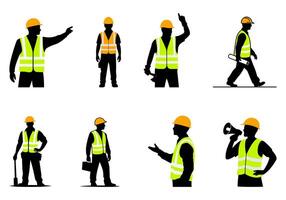 Collection of black silhouette illustrations of construction workers in various poses and activities. vector
