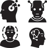 Four stylized icons representing human intellect, AI, and technology. vector