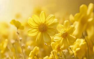 Header of yellow flowers over yellow background. Postcard and print. Yellow day concept with empty space for text or product. Field of yellow flowers. photo
