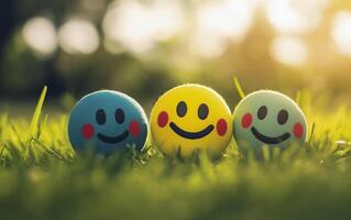 Positive thinking and mental health portrayed through smiling faces. World Mental Health Day. Good feedback rating and positive customer review. Happy faces on field. photo